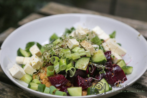 salat mit gurke roter beete sprossen und kichererbsen